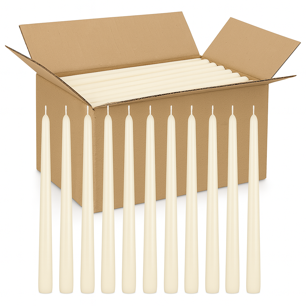 144x Tapered Dinner Candles Unscented Taper Wedding Candle 25cm in Ivory